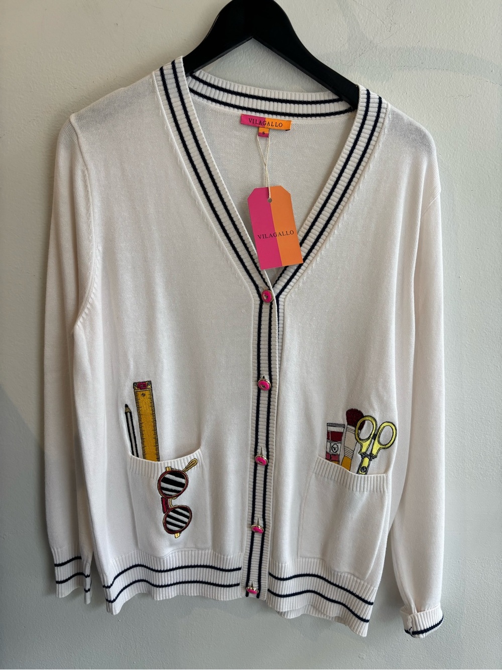 Vilagallo White Cardigan with Navy Trim and Pink Buttons